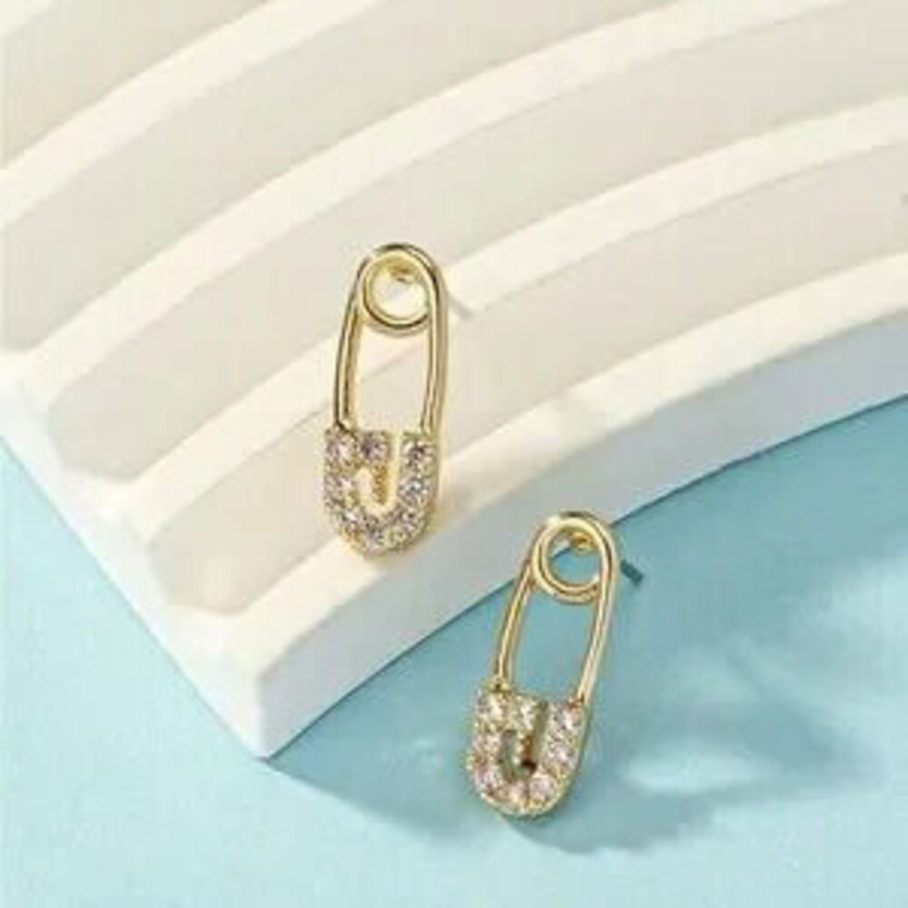 Gold Stainless Steel Crystal Safety Pin Earrings - Picture 2 of 2